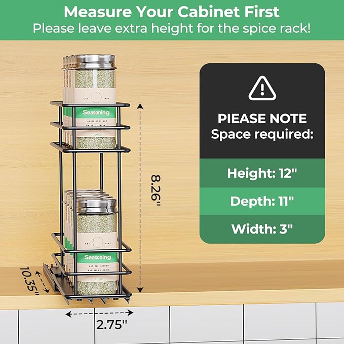 Pull Out Spice Rack Organizer for Cabinet, Slide Out Spice Racks, Easy to Install Spice Cabinet Organizer, 2.75''Wx10.35''Dx8.26''H, 1 Drawers 2 Tiers（Black）