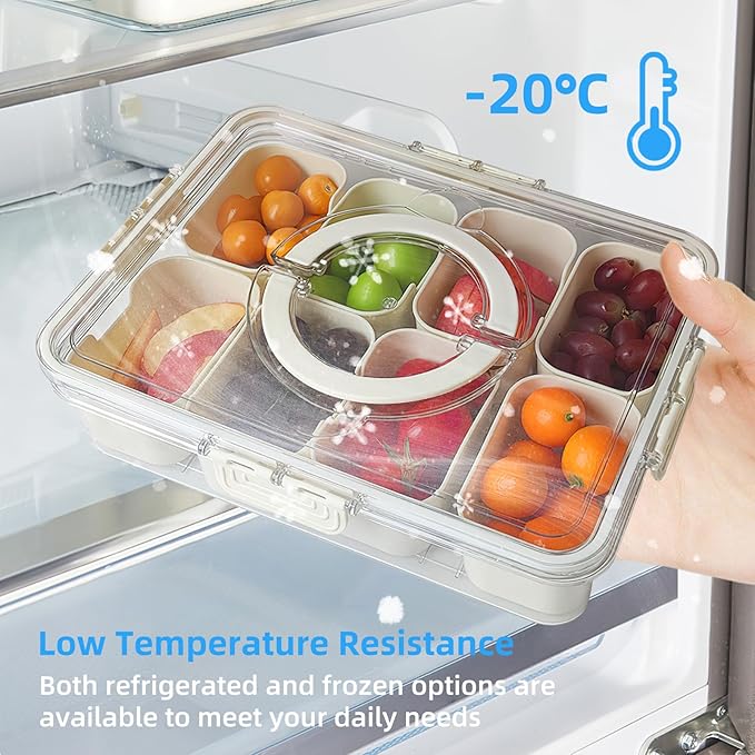 Picnic Parties Fruit Tray, Fridge Food Veggie Condiment Divided Serving Preservation Storage Containers, Kitchen Clear Snackle Box Candy Organizer with Lid Handle (1)