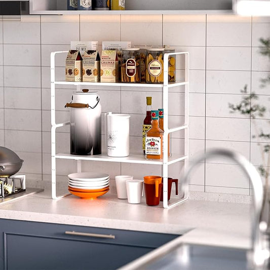 Expandable Kitchen Cabinet Shelf Organizers 2 Pack, Stackable Metal Pantry Storage Shelves Rack, Adjustable Counter Shelf for Cabinets, Countertop, Cupboard Organizers and Storage, White