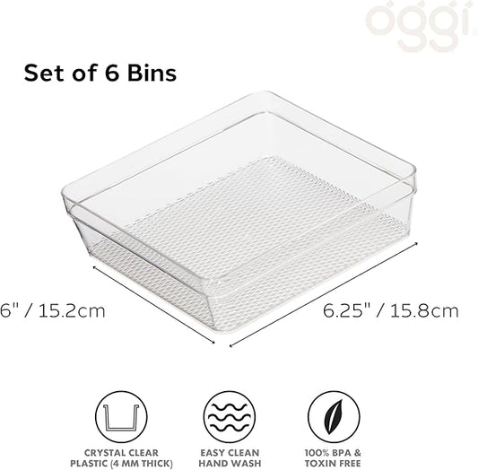 Oggi Clear Drawer Organizer - 6" X 6.25"- Ideal for Organizing Kitchen Drawers, Office, Desk, Silverware, Kitchen Utensils, Cosmetics and Bathrooms - Set of 6