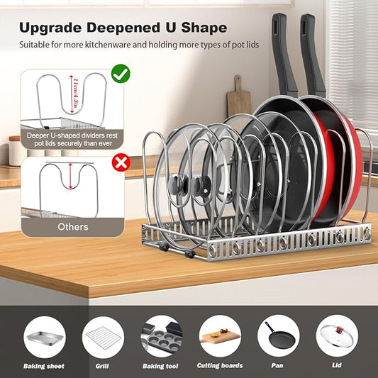 Pot and Pan Organizer Rack for Cabinet, Pot Lid Organizer with 7 Adjustable Dividers, Pan Holder Storage Rack for Kitchen Cabinet, Silver