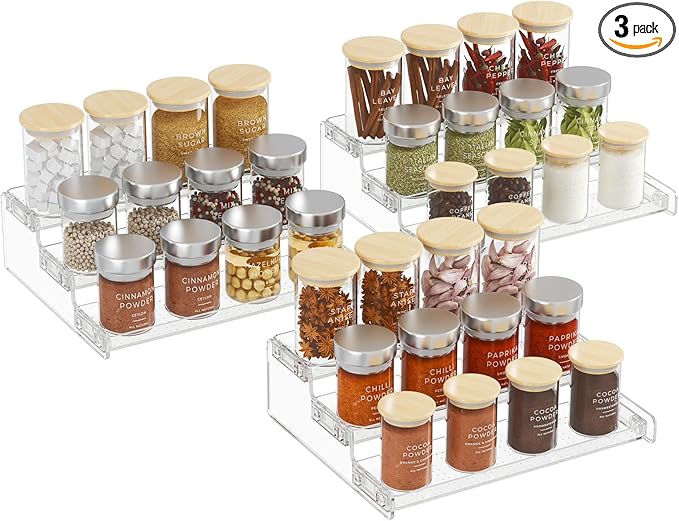 Lifewit Plastic 3 Pack 3-Tier Spice Rack, Clear Spice Organization for Cabinet, Counter, Organizer Shelf for Condiment, Seasoning, Syrup, Liquor, Medicine and Perfume for Kitchen, Pantry, Bar, Bath