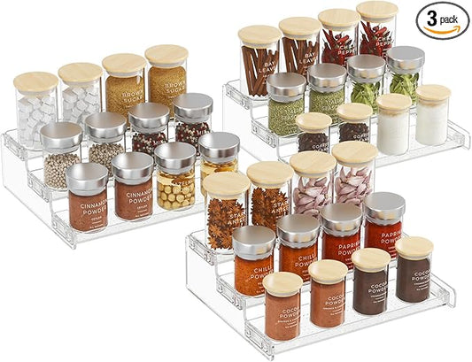 Lifewit Plastic 3 Pack 3-Tier Spice Rack, Clear Spice Organization for Cabinet, Counter, Organizer Shelf for Condiment, Seasoning, Syrup, Liquor, Medicine and Perfume for Kitchen, Pantry, Bar, Bath