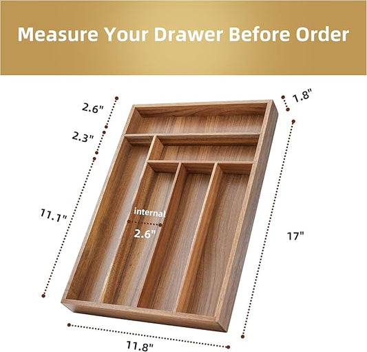 Silverware Organizer Kitchen Drawer Organizer Utensil Organizer Acacia Silverware Holder Cutlery Organizer in Drawer Flatware Organizer Tray(6 slots, Acacia