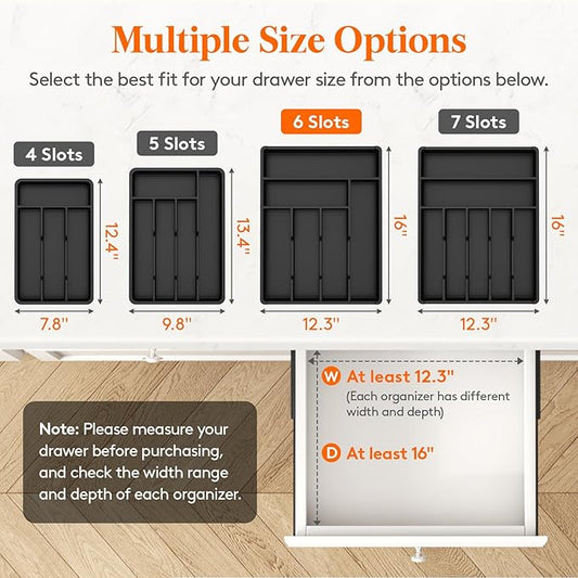 Lifewit Silverware Tray, Deep Wide Cutlery Drawer Organizer Storage for Kitchen, Plastic Flatware Utensil Holder Divider for Spoons Forks Knives Tableware, 6 Compartment, Black
