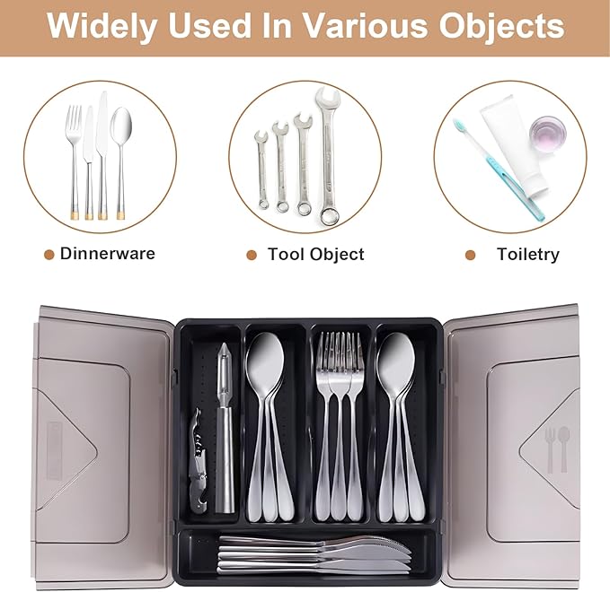 Silverware Organizer with Lid, Utensil Holder for Kitchen Drawer Countertop Plastic Flatware Tray 5 Compartments