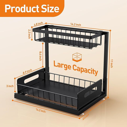 Under Sink Organizer 2 Pack,Metal Pull Out Cabinet Organizer Shelf,Kitchen Bathroom Organizers and Storage with Sliding Drawer,Storage Shelves,Storage and organization for Home,Laundry,RV,Pantry,Spice