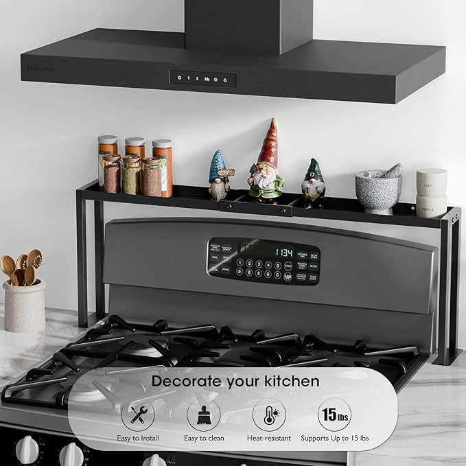 Bumusty Spice Rack Shelf for Kitchen Stove, 32" Stove Top Shelf, Stove Shelf for Back of Stove, Over the Stove Shelf, Kitchen Organizers, Oven Shelf for Top of Stove, Matte Black