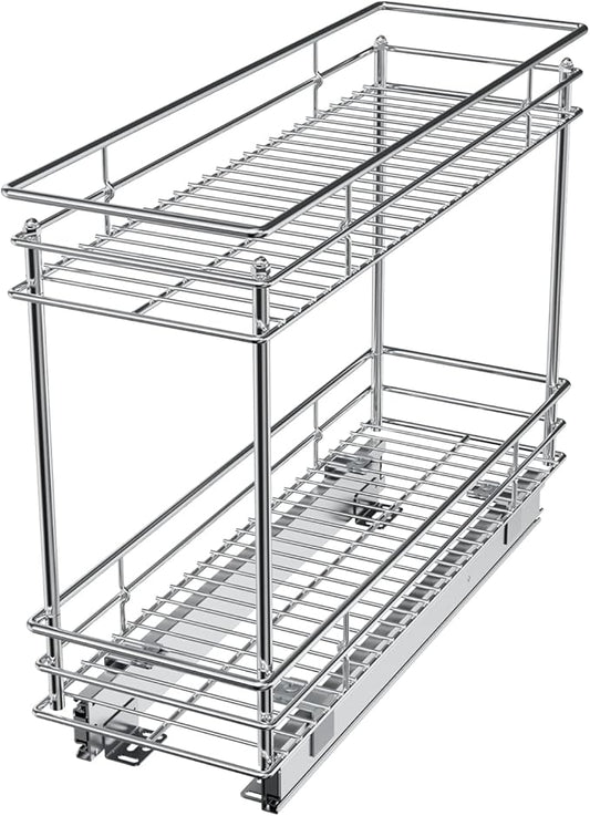 LOVMOR Pull Out Cabinet Organizer and Storage (5" W x 21" D) 2-Tier Pull Out Shelf Storage for Kitchen Base Cabinet Silver(5" W x 21" D, Silver, Roll on Top)