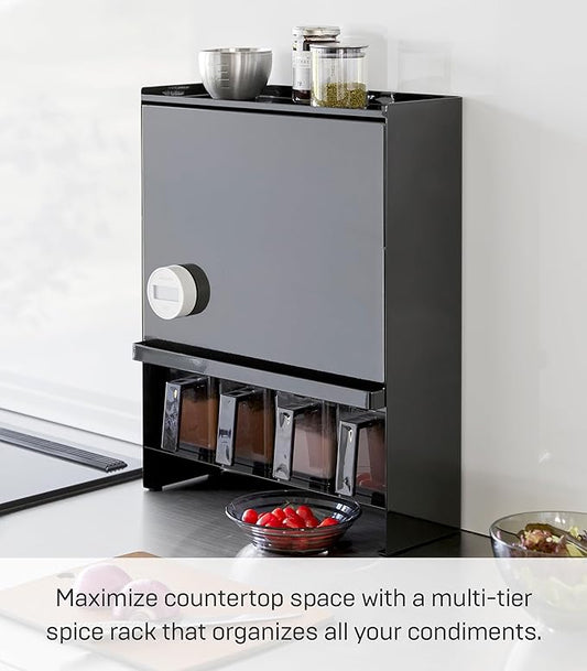 Yamazaki Home Seasoning Condiments Spice Rack with Door, Large Kitchen Multi-Tier Metal Shelves | Steel, One Size, Black