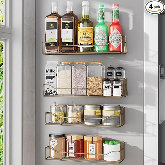 Magnetic Spice Rack for Refrigerator, 4 Pack Metal Strong Magnet Spice Organizer Shelves, Magnetic Fridge Shelf for Kitchen Seasoning Organizer Gadgets, Home Organization and Storage (Brown)