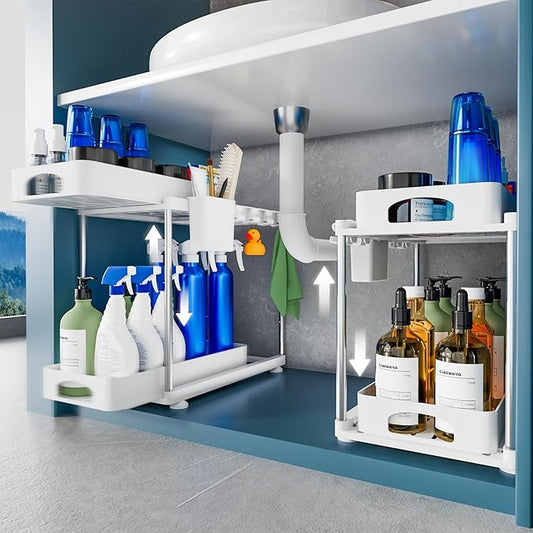 2 Pack Under Sink Organizers and Storage, Double Sliding Kitchen Cabinet Organizer, 2 Tier Height Adjustable Countertop Organizer for Kitchen Bathroom Laundry, White