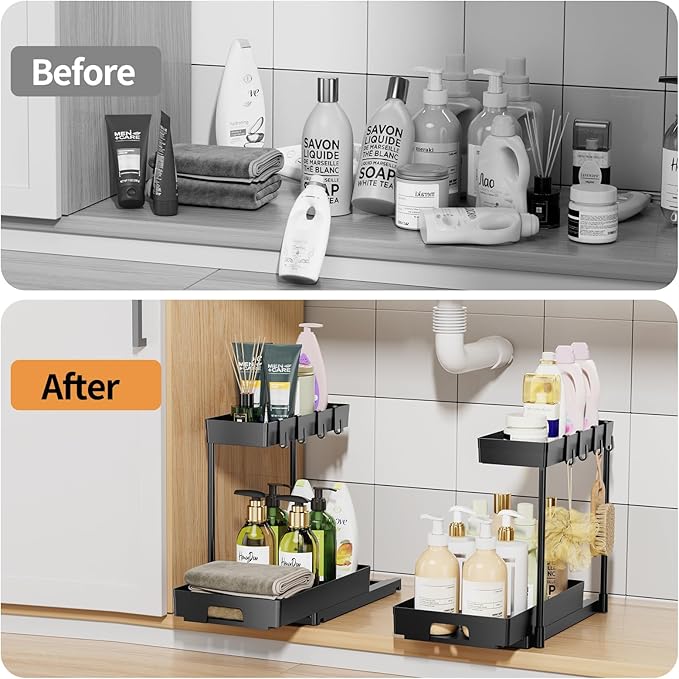 Delamu 2 Pack Under Sink Organizers and Storage, 2 Tier Pull Out Bathroom Cabinet Organizer, L-Shape Black Under Bathroom Kitchen Sink Organizer with Drawer for Under Sink Storage Organizer