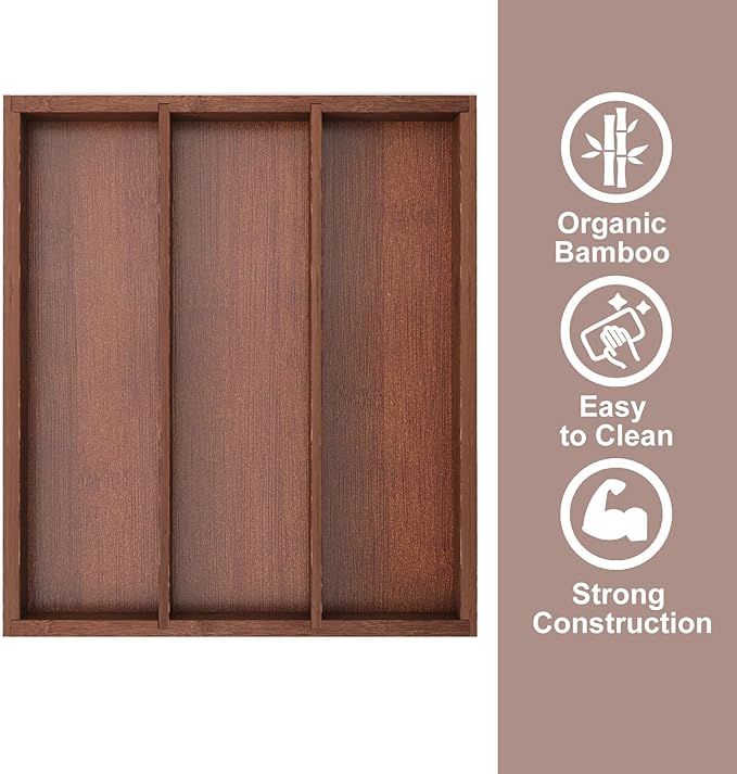 Silverware Organizer Bamboo Kitchen Drawer Organizer, Flatware Organizer Tray for Kitchen, Flatware, Utensils（Brown）