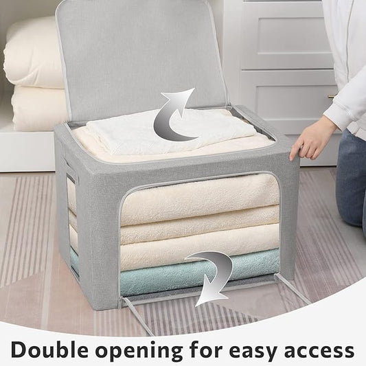 2 Pack Clothes Storage Bins Stackable Metal Frame Storage Box Large Capacity Foldable Linen Fabric Box Organizer with Carrying Handles and Clear Window (Light Gray, 19.7x 15.7x 12.6 Inch)