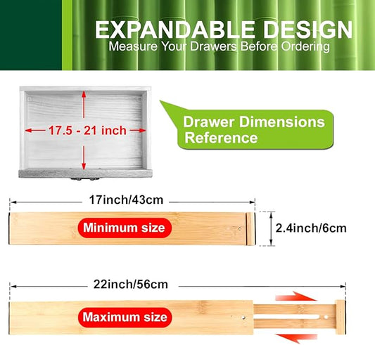 Kitchen Drawer Dividers, Adjustable Bamboo Drawer Organizer (17-22"), Expandable Utensil Organizer for Kitchen Storage, Closet, Dresser (4 Pack)