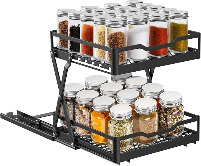 VOGWOLTH Pull Out Spice Rack Organizer, Collapsible Spice Rack Pull Out Drawer 2 Tier Height Adjustable Sliding Seasoning Shelf Kitchen Cabinet Pantry Closet Organizer Heavy Duty Metal (Large)