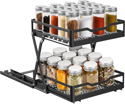 VOGWOLTH Pull Out Spice Rack Organizer, Collapsible Spice Rack Pull Out Drawer 2 Tier Height Adjustable Sliding Seasoning Shelf Kitchen Cabinet Pantry Closet Organizer Heavy Duty Metal (Large)