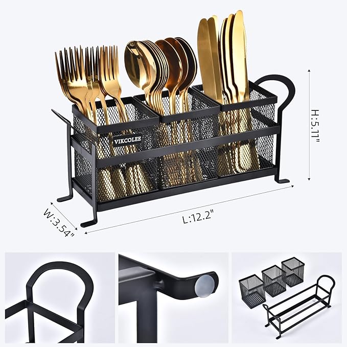 Kitchen Utensil Holder, Silverware Organizer Holder, Compact Metal Organizer for Flatware, Spoons, Forks, and Knives - 3 Separate Compartments Perfect for Kitchen Countertop- Black