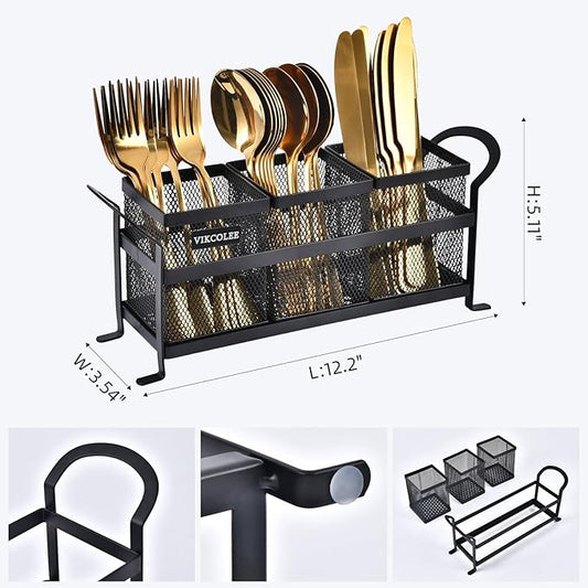 Kitchen Utensil Holder, Silverware Organizer Holder, Compact Metal Organizer for Flatware, Spoons, Forks, and Knives - 3 Separate Compartments Perfect for Kitchen Countertop- Black