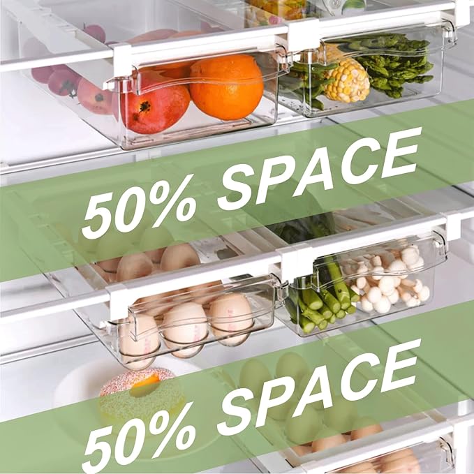 Yatmung 2 Pack Fridge Drawer Organizer - Egg Holder For Refrigerator Pull Out - Transparent Deli Drawer Organization Bin - Meat, Cheese - Sliding Storage Containers for Fridge Shelf Under 1.1"