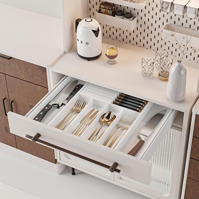 Silverware Drawer Organizer Bamboo Knife Organizer Drawer Insert Expandable Utensil Holder for Kitchen Drawer Flatware Holder W12.8-20.2" x L16 x H2 (White)