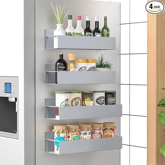 4 Pack Magnetic Spice Storage Rack Organizer for Refrigerator and Oven, Gray Fridge Organizers and Storage