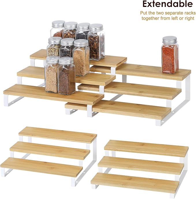 MOOACE 3 Tier Spice Rack Organizer for Cabinet, Expandable Spice Rack Seasoning Shelf Organizer for Kitchen Cabinet Countertop, Set of 4, White and Natural