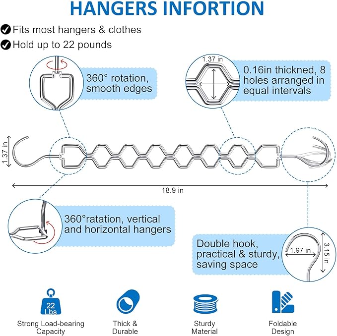12 Pack Space Saving Hangers for Clothes, Heavy Duty 30Lbs Capacity Magic Collapsible Clothes Space Saver Metal Hanger Organizer with 360° Swivel Hook, Closet Organizers Storage Dorm Essentials Silver