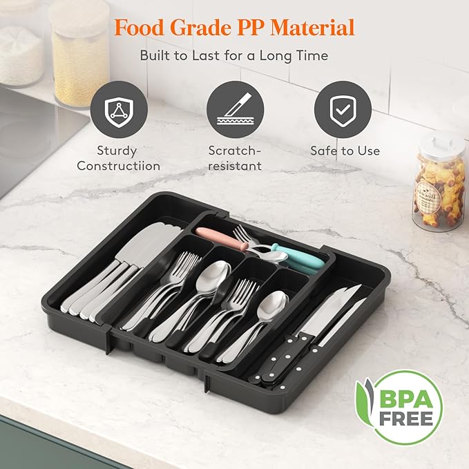 Lifewit Small Silverware Drawer Organizer, Expandable BPA Free Utensil Tray for Kitchen, Adjustable Flatware and Cutlery Holder for Spoons Forks Knives, Plastic Kitchen Organizers and Storage, Black