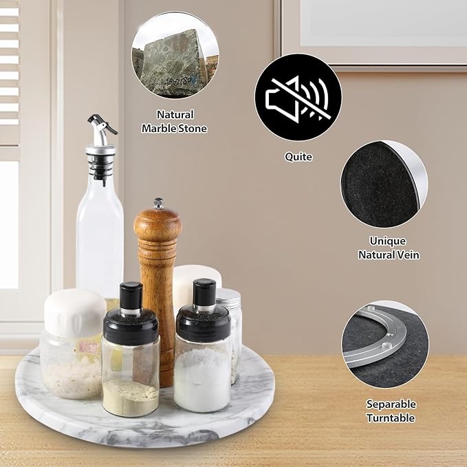 Marble Lazy Susan, 12 in Lazy Susan Turntable Organizer for Cabinet Pantry Kitchen Countertop Fridge Bathroom Makeup Vanity Countertop, Detachable Lazy Susan for Table Top, Arabescato