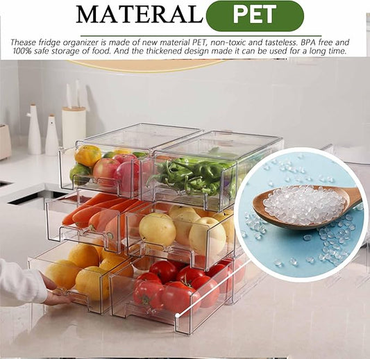 2 Pack Stackable Clear Storage Drawer,Refrigerator Organizers and Storage Drawer Pull Out Drawer for Fridge Kitchen Bathroom Cabinet Closet Office Clear
