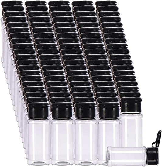 FEOOWV 100 Pcs Empty Plastic Spice Bottles Set for Storing Barbecue Seasoning Salt Pepper and More 75 ml/2.5 oz (Black)
