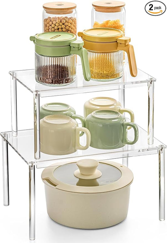 Acrylic Cabinet Organizer, Set of 2 Shelf Organizer, Spice Rack Organizer for Cabinet, Desk Countertop Organizer, Stackable Shelves for Pantry Kitchen Storage and Organization