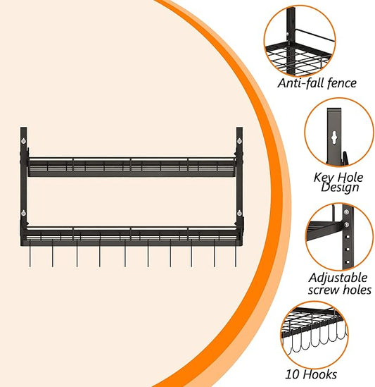 2 Tiers Hanging Pot Rack Wall Mounted, Large Weight Capacity Pots and Pans Hanging Rack with 10 Hooks for KItchen Organizer Storage(Heavy Duty)