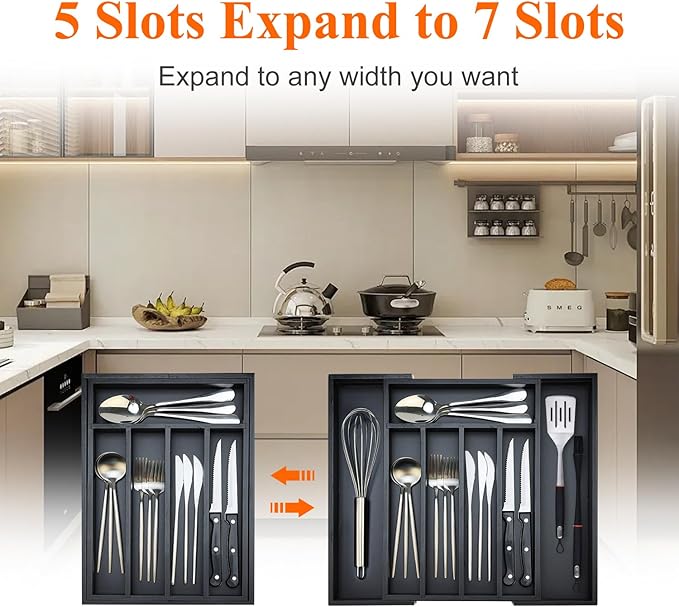 Expandable Large Kitchen Silverware Drawer Organizers Tray Bamboo Utensil Organizer Adjustable Cutlery Tray Black Wooden Flatware Organizers Divider Cooking Utensil Holder Drawer Fork Spoon Organizer