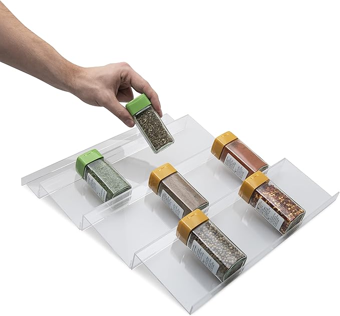 Spice Drawer Organizer Trays - 2 Pack - Expandable, Acrylic, Custom Fit - Declutter Kitchen Drawers, Spice Jar Rack, Cabinets, Pantry 4 Tier- Complete with Measuring Spoons