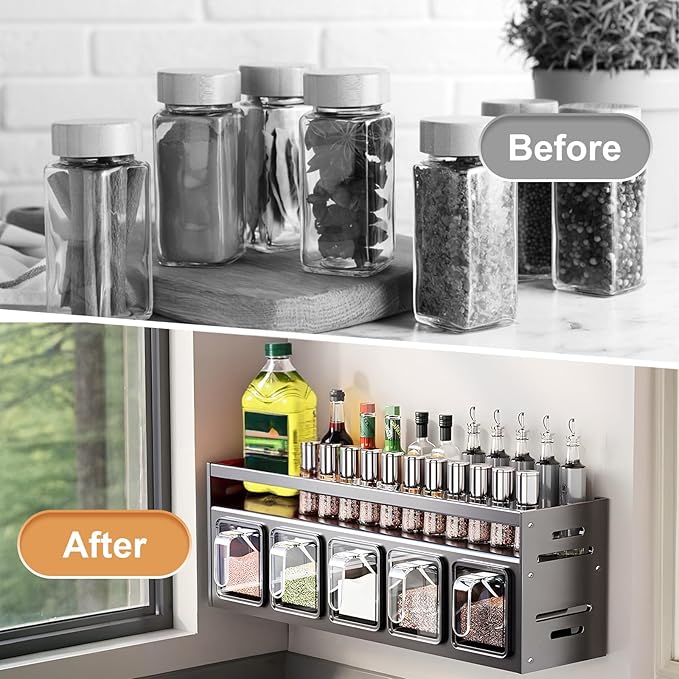 Kitchen Spice Rack, Kitchen Organizer and Storage Rack, Spice Organization for Cabinets Punch-free Wall/Countertop Home Decor Multifunctional Double Layer 5 Gird Condiment Rack, Gray