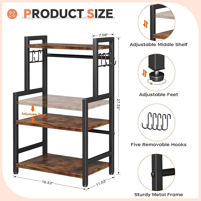 Kitchen Countertop Organizer,3 Tier Large Spice Rack Organizer with Adjustable Shelf and 5 Hooks,Wooden Counter Organizer,Space Saving Countertop Shelf Microwave Stand for Kitchen,Bathroom,Coffee Bar