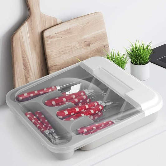 Flatware Plastic Tray with Hinged Lid, Kitchen Cutlery and Utensil Drawer Organizer, Silverware Countertop Storage Container with Attached Cover