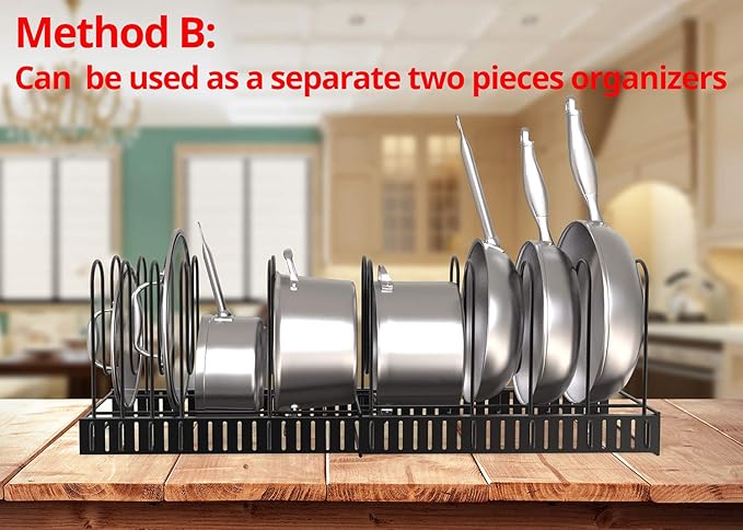 Expandable Rack for Cabinets - Vdomus Adjustable Black Pot Rack with 4 DIY Storage Positions - Holds up to 14 Pans, Pots, or Lids - Durable Iron Pot Stacker for Kitchen Organization - 8.5"x 31"x11.5"