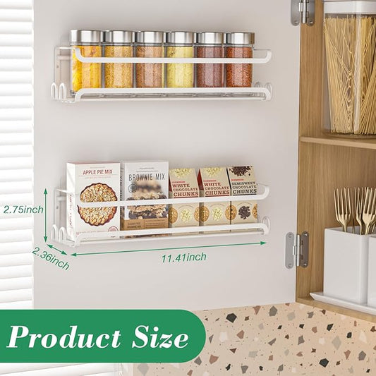 LUCYCAZ 2 Pack Wall Mounted Spice Rack with 8 Hooks, Spice Organizer for Cabinet Pantry Door,Screw or Adhesive Spice Shelf Hanging Wall Spice Rack in Kitchen and RV (White, 2 PACK)