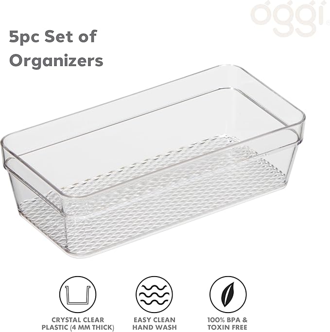 Oggi Set of 5 Clear Drawer Organizers - (1) 3x6.25, (2) 3x9.5, (2) 3x12.5 - Ideal for Organizing Kitchen Drawers, Office, Desk, Silverware, Kitchen Utensils, Cosmetics and Bathrooms