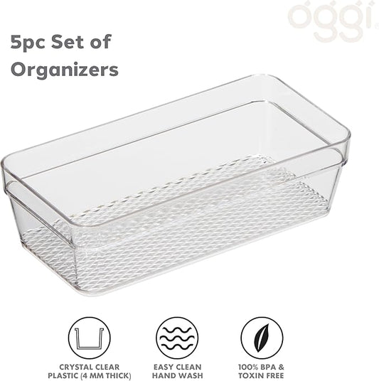 Oggi Set of 5 Clear Drawer Organizers - (1) 3x6.25, (2) 3x9.5, (2) 3x12.5 - Ideal for Organizing Kitchen Drawers, Office, Desk, Silverware, Kitchen Utensils, Cosmetics and Bathrooms