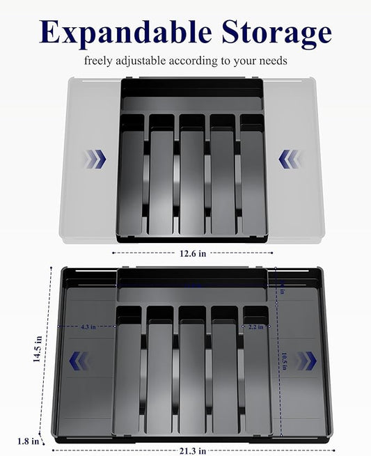 Kitsure Silverware Organizer - 8 Slots Expandable Drawer Organizer for Utensils & Cutlery, Multipurpose Kitchen Organizers and Storage Solution, Black, 21.3" x 14.5" x 1.8"