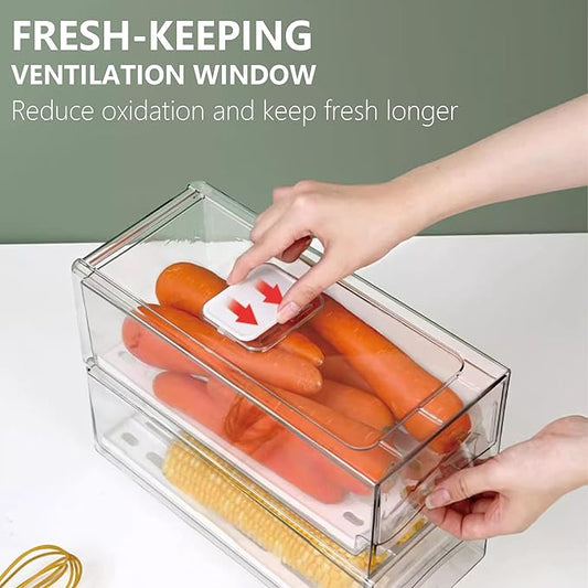 2 Pack Fruit Storage Containers for Fridge with Drain Board, Stackable Fridge Organizers and Storage,Reusable Food Storage Containers,Refrigerator Drawer for Produce,Fruit,Vegetable,BPA-Free
