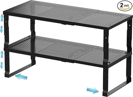 Expandable Spice Rack & Kitchen Cabinet Organizer - Stackable, Adjustable Shelves for Cabinets, Countertops, Cupboards & Pantries(2 Packs/Medium/Black)