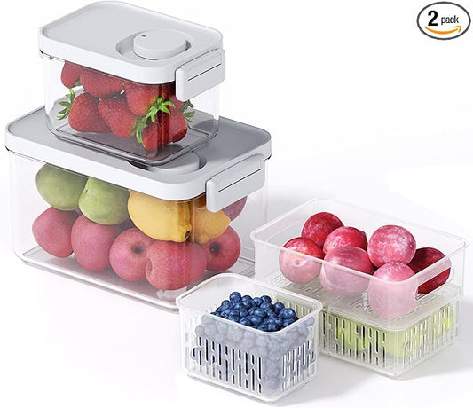 vacane 2 Pack Produce Containers with lids & Colanders, Clear Fruit Containers for Fridge Dishwasher Safe Berry Containers, BPA-Free Lettuce Keeper, Keep Vegetable Food Fresh