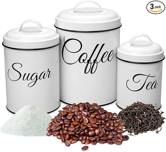 3-Piece Country Kitchen Canisters, Vintage Tea Sugar Coffee Canister Set, Rustic Farmhouse Metal Food Storage Tins for Coffee, Sugar, Tea, for Kitchen Countertop, White