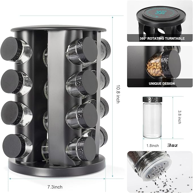 Black Countertop Rotating Spice Rack - Empty 16-Jar Revolving Organizer, Round Carousel Tower With 135 Labels and Funnel - Complete Set for Kitchen Countertop, Cabinet